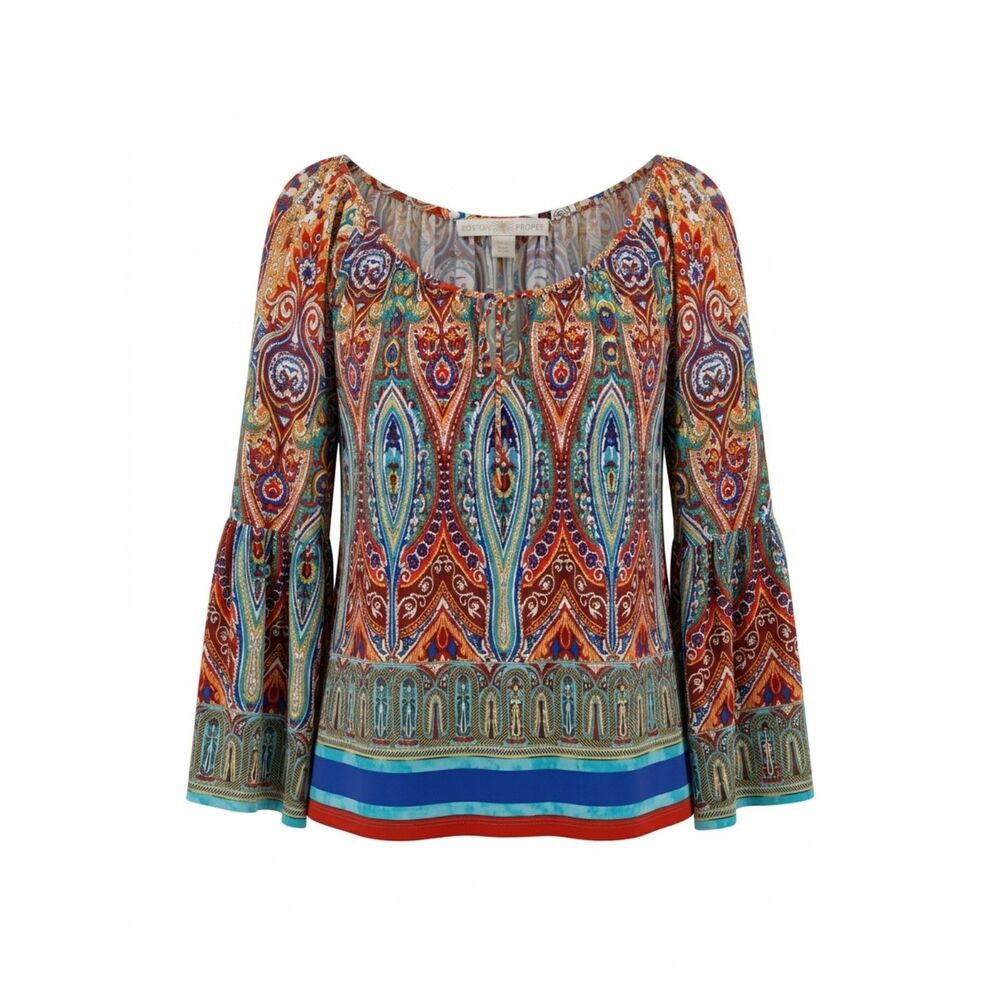 Boston Proper Size L Multi-Color Paisley Bohemian Peasant 3/4 Bell Sleeve Top
